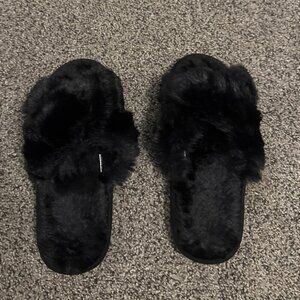 🆕Women's Black Fuzzy Slippers Cross Band Memory Foam Faux-fur Open Toe Shoes
